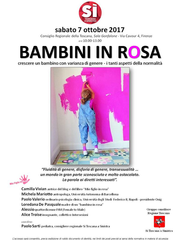 Immagine della locandina evento Bambini in rosa: crescere un figlio con varianza di genere - I tanti aspetti della normalità. Immagine della locandina evento Bambini in rosa: crescere un figlio con varianza di genere - I tanti aspetti della normalità.